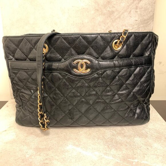 CHANEL TWO TONE CC TOTE VINTAGE LARGE HANDBAG AUTHENTIC - Picture 1 of 11